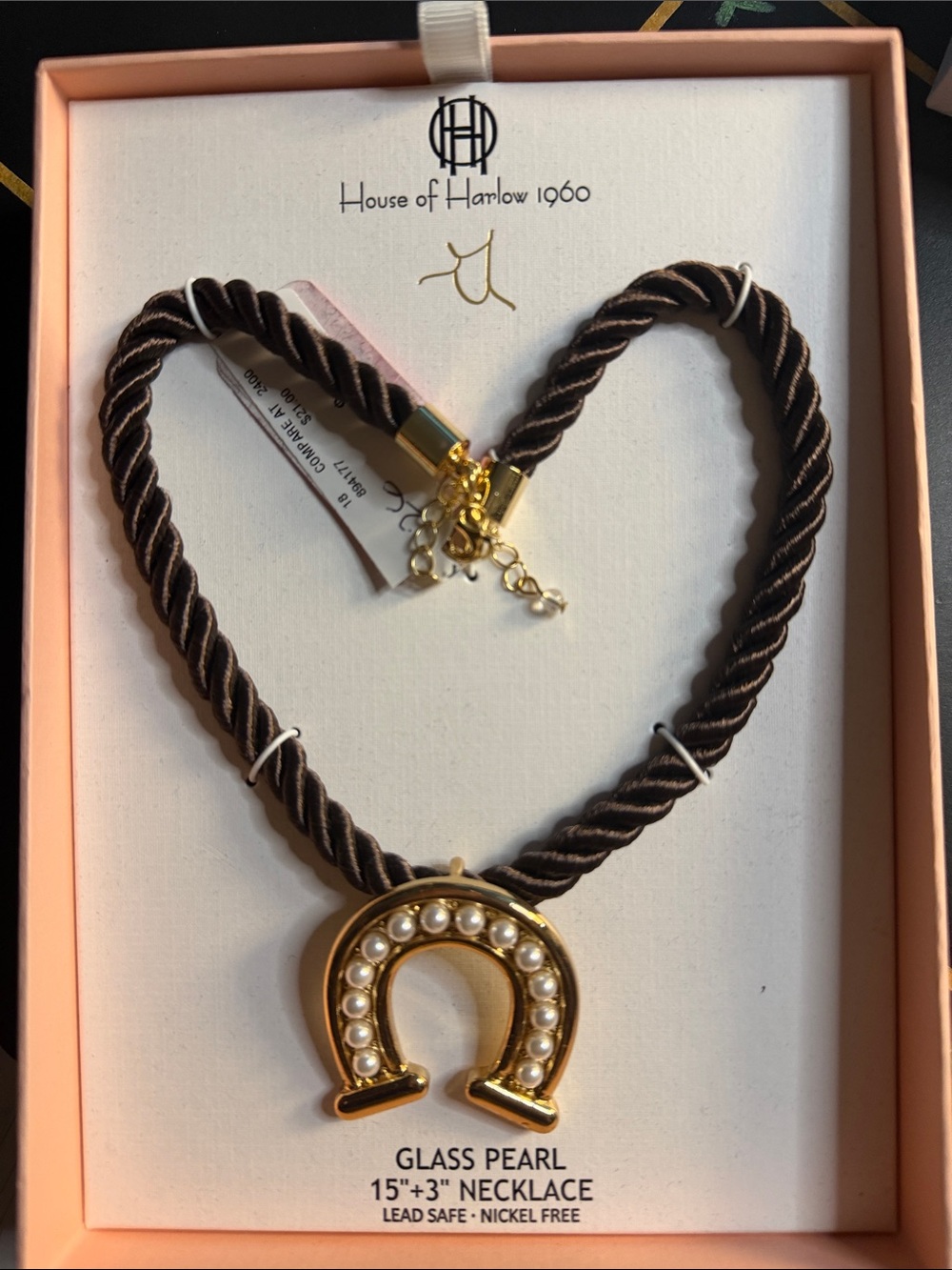 House of Harlow 1960 Gold-Tone Pearl Horseshoe Necklace on Brown Twisted Cord